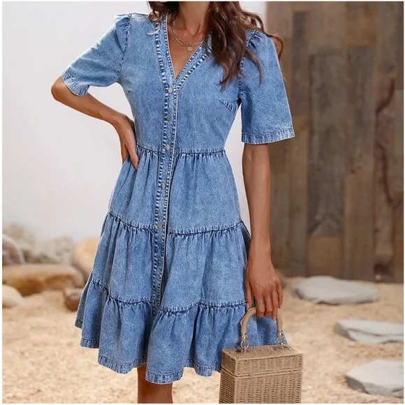 Chambray Button up Ruffle denim Mini Dress - Picture 5 of 7